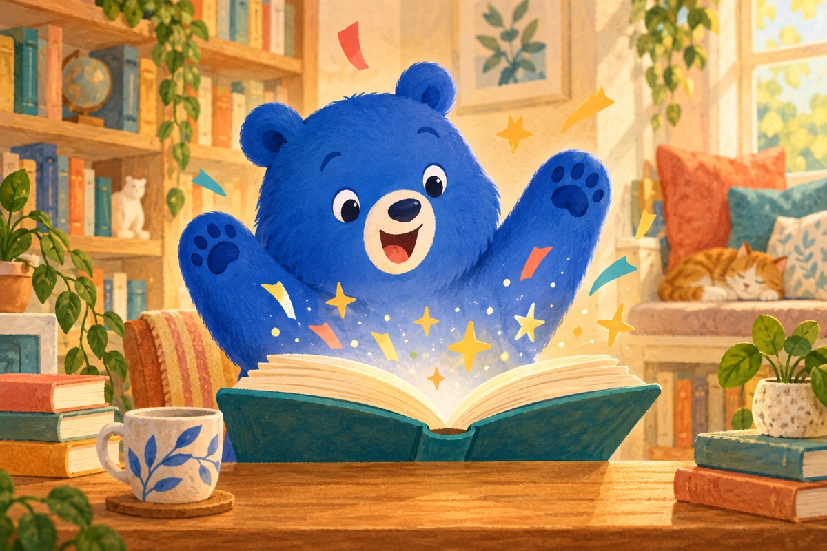 Urso azul celebrando uma nova leitura diante de um livro aberto.